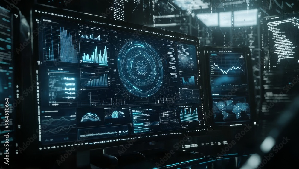 Graphs, charts, and other data visualizations are featured in a highly detailed and futuristic user interface. Graphs, charts, and other data visualizations are featured in a highly detailed and futuristic user interface.