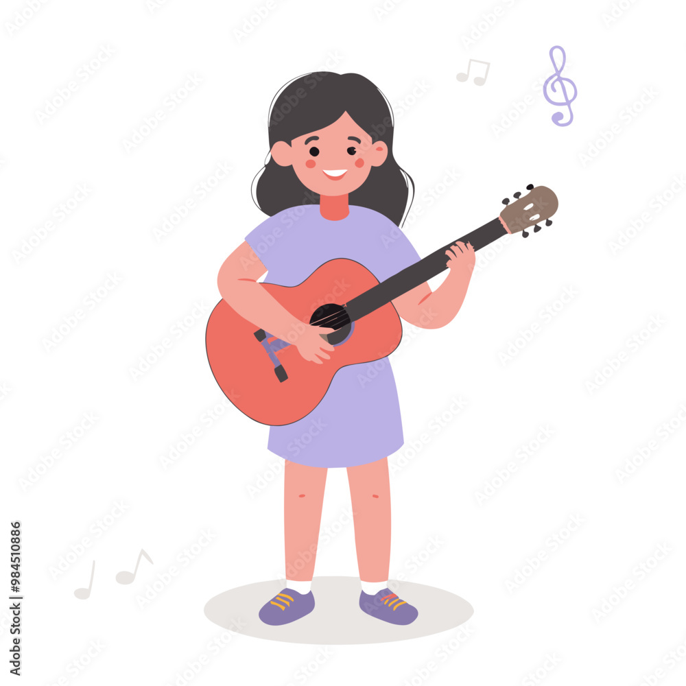 Vector illustration of a girl playing guitar and smiling joyfully in a musical setting Vector illustration of a girl playing guitar and smiling joyfully in a musical setting