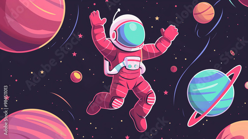 Wallpaper Mural Cute pink and red cartoon astronaut floating in space, surrounded by colorful planets and stars, wearing an intricate helmet with windows for eye Torontodigital.ca