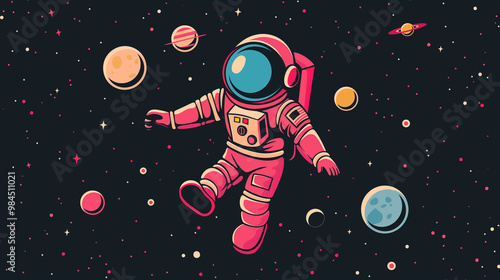 Cute pink and red cartoon astronaut floating in space, surrounded by colorful planets and stars, wearing an intricate helmet with windows for eye