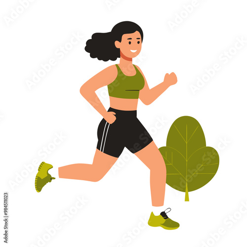 Vector illustration of a woman jogging happily in sporty attire while enjoying nature