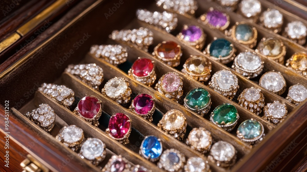 An antique jewelry box filled with sparkling gemstones, including diamonds, rubies, and sapphires. An antique jewelry box filled with sparkling gemstones, including diamonds, rubies, and sapphires.