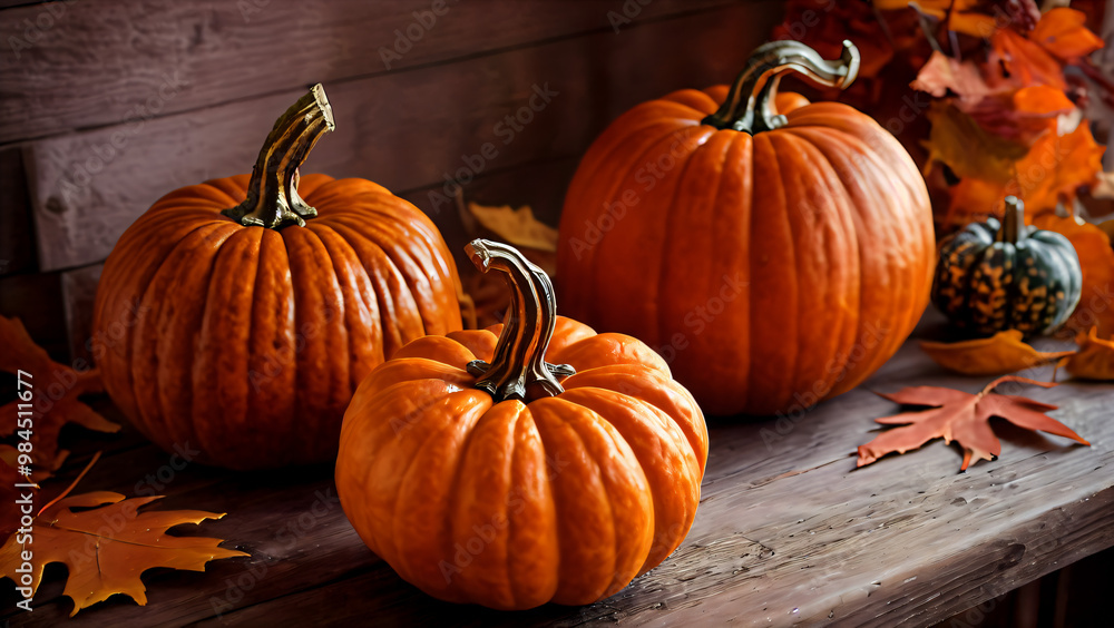 Fall Harvest with Ripe Pumpkins and Seasonal Decor: A cozy arrangement of bright orange pumpkins that symbolizes the festive spirit of Halloween and Thanksgiving day Fall Harvest with Ripe Pumpkins and Seasonal Decor: A cozy arrangement of bright orange pumpkins that symbolizes the festive spirit of Halloween and Thanksgiving day