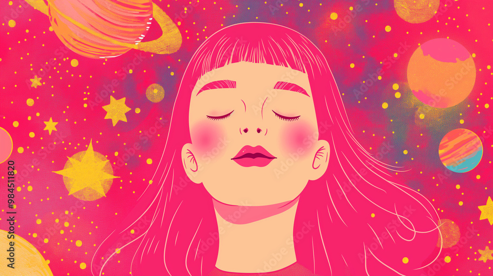 illustration of pink hair woman with closed eyes smiling, space background with stars and planets illustration of pink hair woman with closed eyes smiling, space background with stars and planets