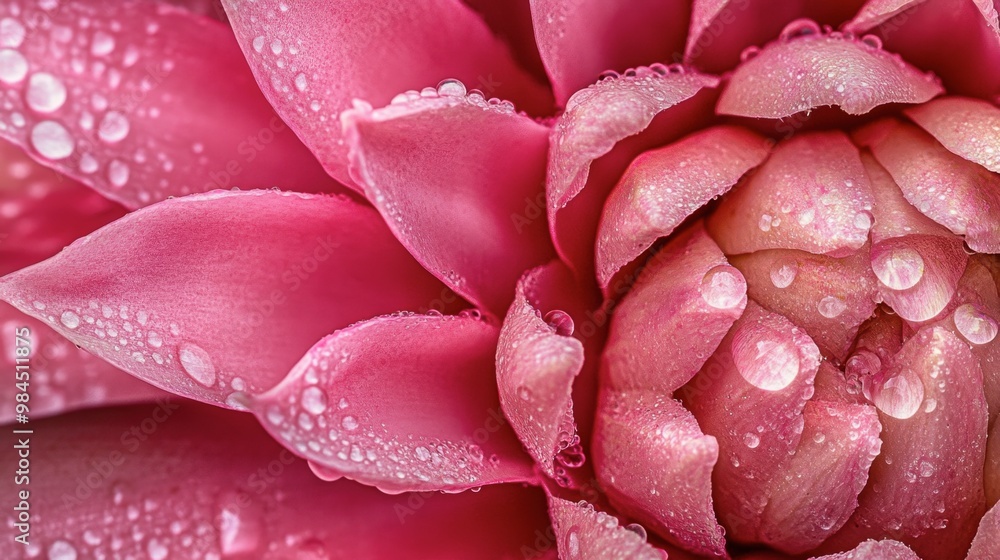 An up-close view of the intricate petals of a pink ginger flower, with water droplets from recent rain. An up-close view of the intricate petals of a pink ginger flower, with water droplets from recent rain.