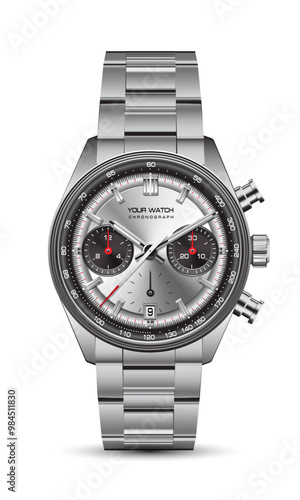 Realistic silver clock watch chronograph black red arrow white number design luxury classic for men on isolated background vector
