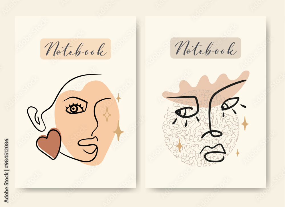 Fototapeta premium Childish school notebook cover design templates. Diary cover page design woman face illustration