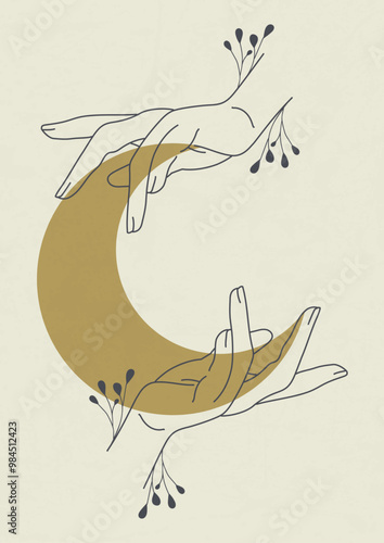 Boho celestial magic art with woman hands and moon. Contemporary illustration 2d poster
