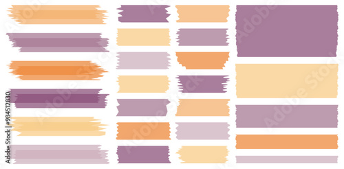 Set of orange and purple semi-transparent washi tapes isolated on white. Tapes collection in vector. Pieces of decorative tape for scrapbooks. Torn paper