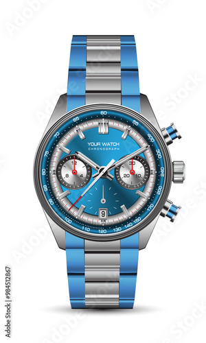 Realistic steel blue clock watch chronograph black red arrow white number design luxury classic for men on isolated background vector