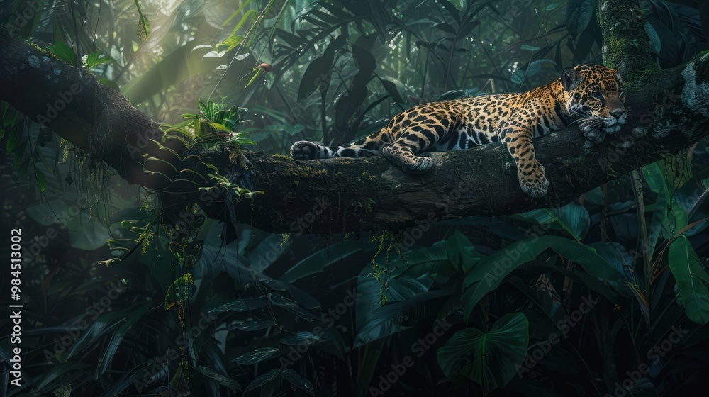 Naklejka premium Jaguar Resting on a Branch in Lush Rainforest