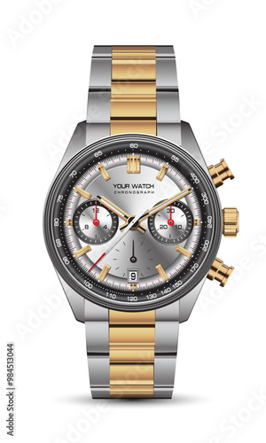 Realistic steel copper clock watch chronograph black red arrow white number design luxury classic for men on isolated background vector