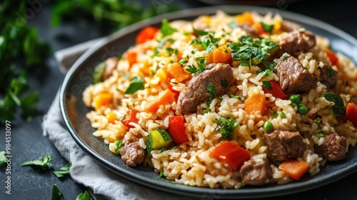 On the table sits a plate filled with rice, meat, and assorted vegetables