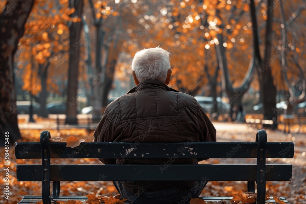 Senior man relaxing on park bench during autumn Senior man relaxing on park bench during autumn