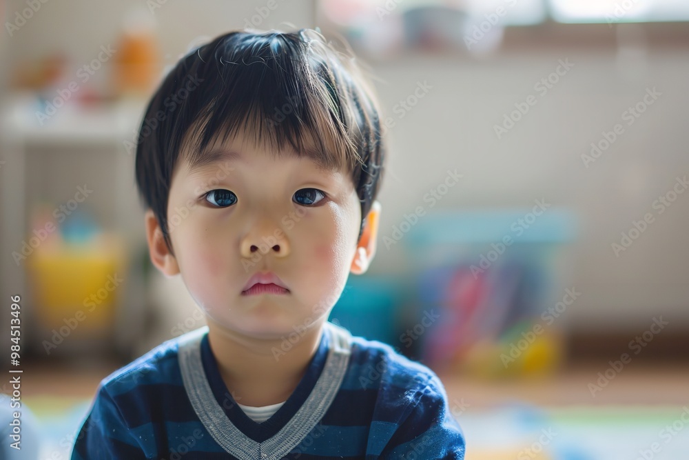 A young autistic Japanese child is by himself in the room, and it's easy to see the subtleties of his focused attention and facial expressions, Generative AI. A young autistic Japanese child is by himself in the room, and it's easy to see the subtleties of his focused attention and facial expressions, Generative AI.
