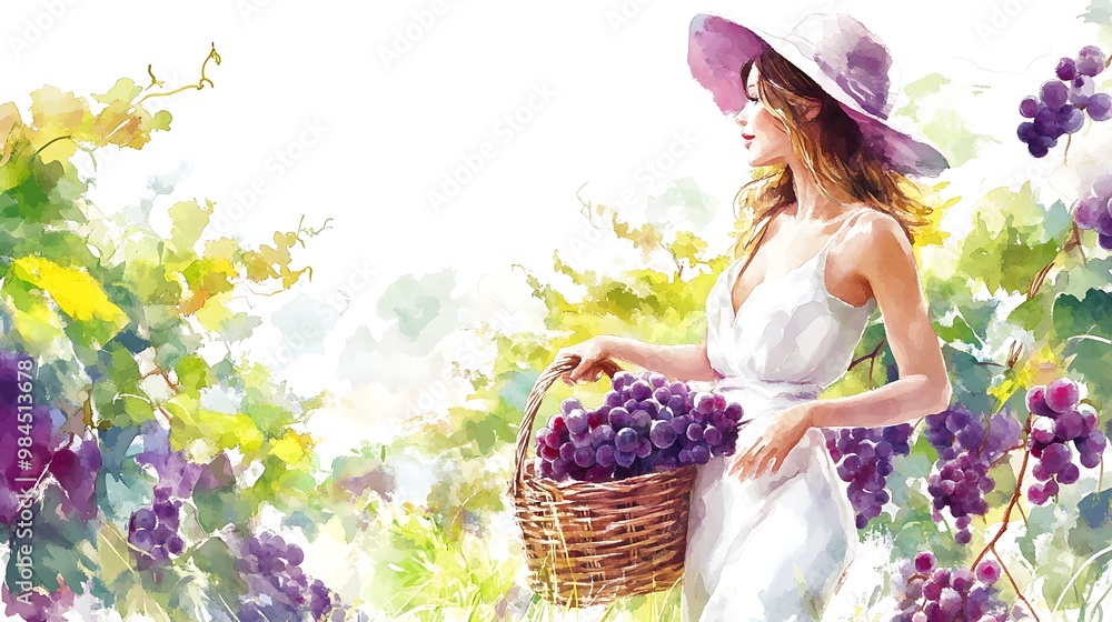 Fototapeta premium Woman in a White Dress Picking Grapes in a Vineyard.