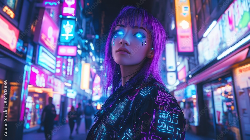 Obraz premium A neon-lit urban scene featuring a person with vibrant hair and glowing eyes.