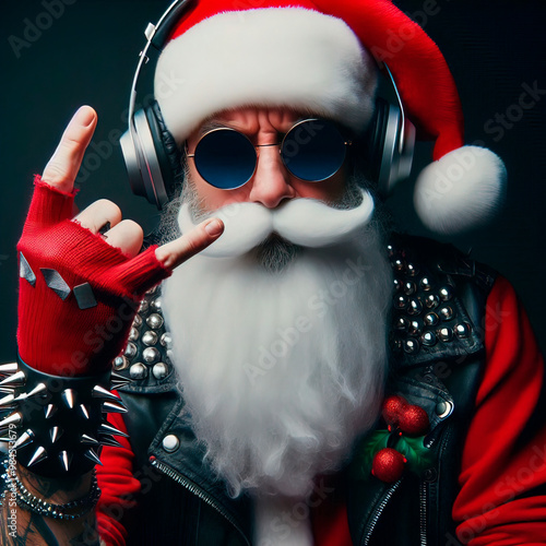 Cool Santa Claus with hard rock Christmas outfit making a heavymetal gesture with his hand. Santa gives a thumbs up, adding a playful and rebellious vibe. Seasonal red hat and white beard photo