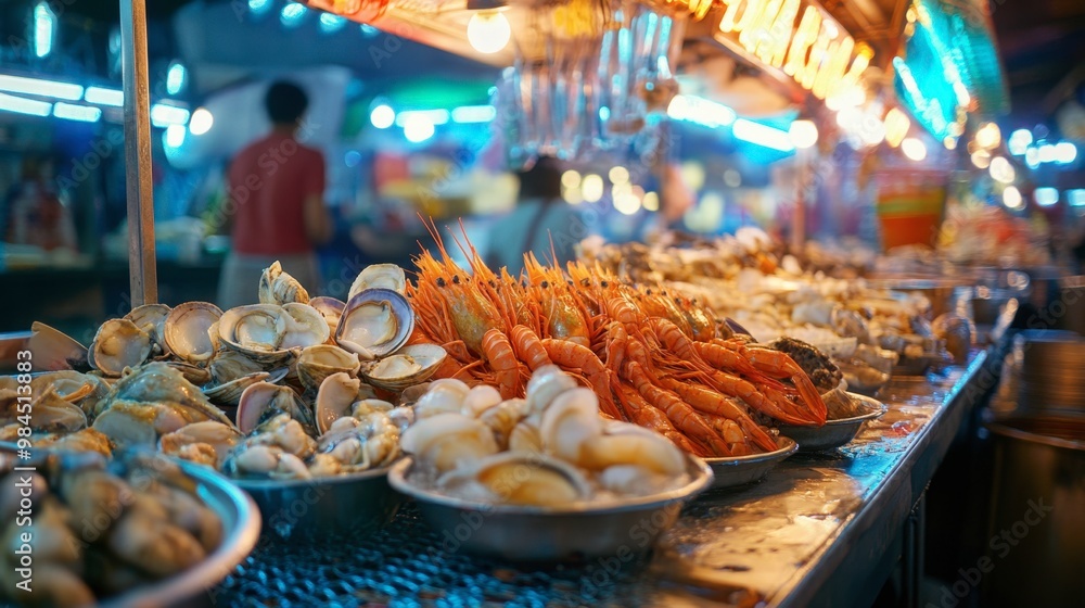 Freshly caught shellfish displayed on a seafood stall in Hua Hin's famous night market, glowing under neon lights. Freshly caught shellfish displayed on a seafood stall in Hua Hin's famous night market, glowing under neon lights.