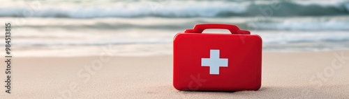 A bright red first aid kit sits on a sandy beach, symbolizing safety and preparedness for emergencies at coastal locations.