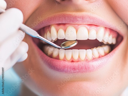 A close-up view of a patient's smile during a dental check-up, highlighting healthy teeth and dental equipment.