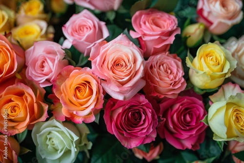 Bouquet of colorful roses blooming in a floral arrangement