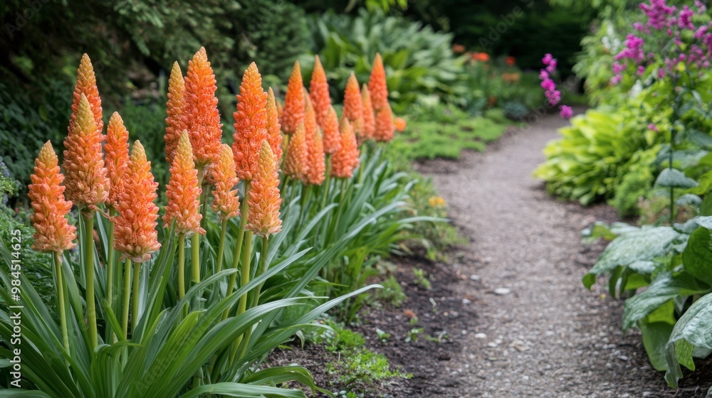 Orange ginger flowers planted alongside a garden path, adding bursts of color to the landscape. Orange ginger flowers planted alongside a garden path, adding bursts of color to the landscape.