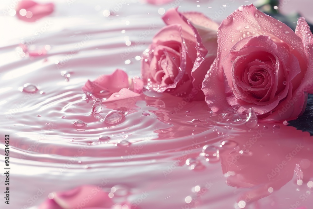 Pink roses floating on water with falling water drops Pink roses floating on water with falling water drops