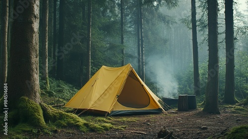 yellow tent at forest campsite, outdoor leisure adventure