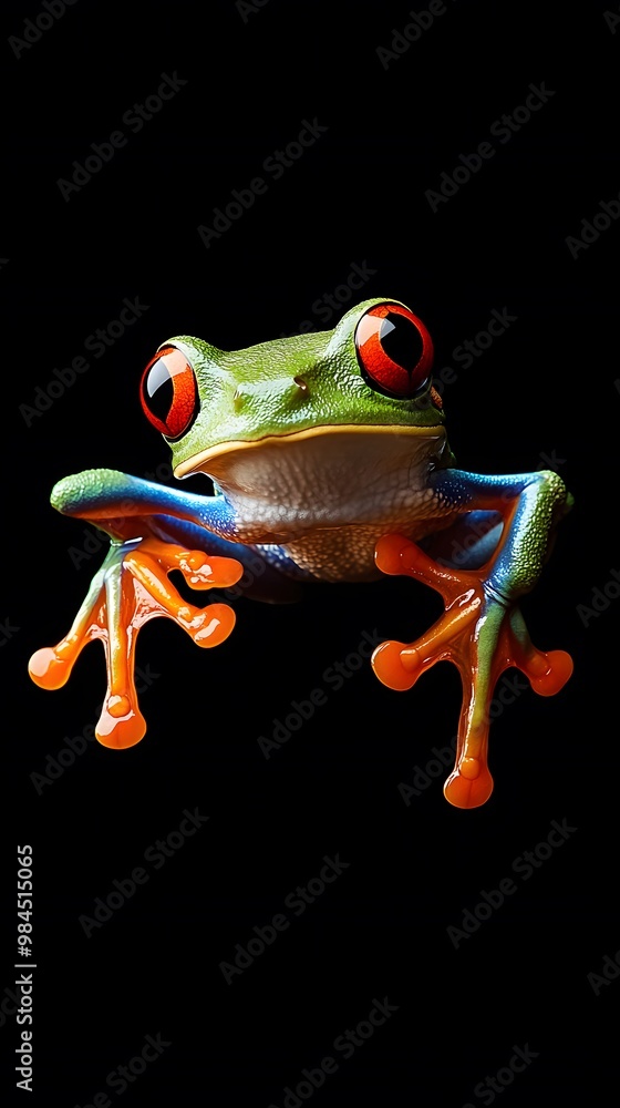 Naklejka premium Green Tree Frog on Black Background, Photo Realistic, Texture, Pattern Background, Wallpaper, Cover and Screen for Smartphone, PC, Laptop, 9:16 and 16:9 Format