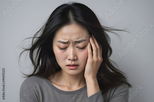 Woman suffering from stress, migraine or a headache grimacing in pain