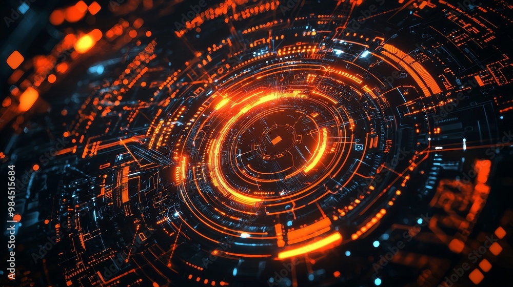 Orange and blue light emitting from an abstract futuristic interface. Orange and blue light emitting from an abstract futuristic interface.