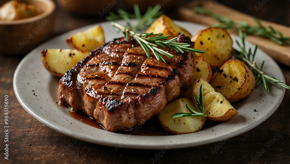 Grilled meat with potatoes and rosemary. Grilled meat with potatoes and rosemary.