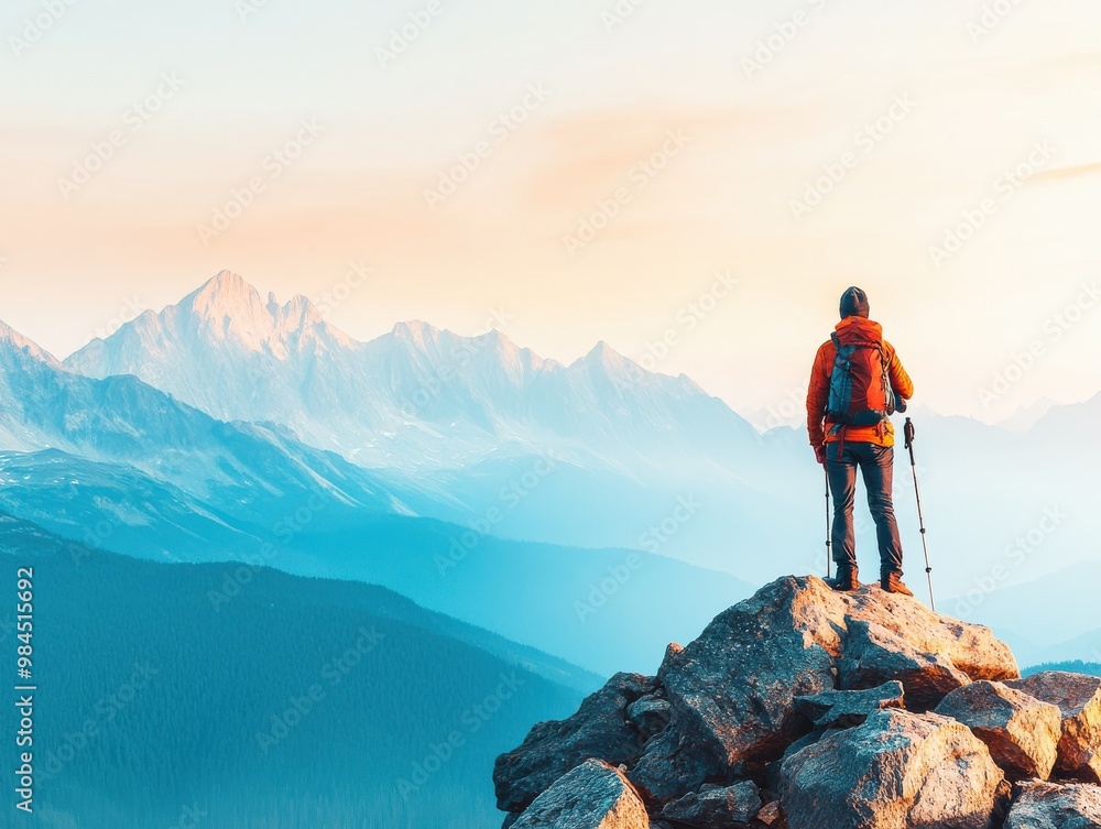 Fototapeta premium A lone hiker stands atop a mountain peak, gazing at the breathtaking landscape illuminated by a soft sunrise.