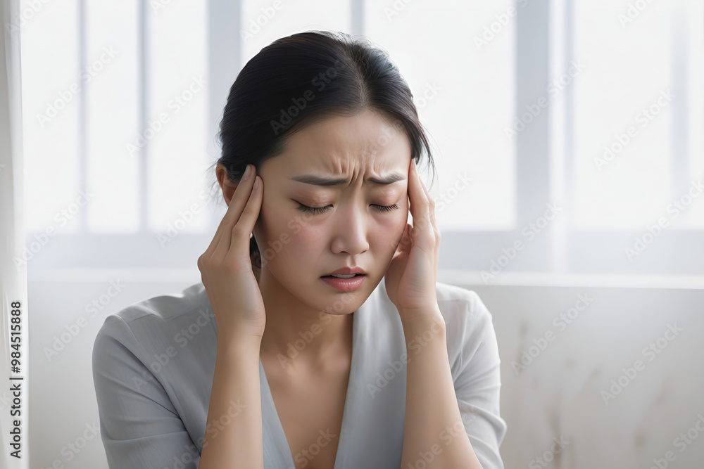 Woman suffering from stress, migraine or a headache grimacing in pain Woman suffering from stress, migraine or a headache grimacing in pain