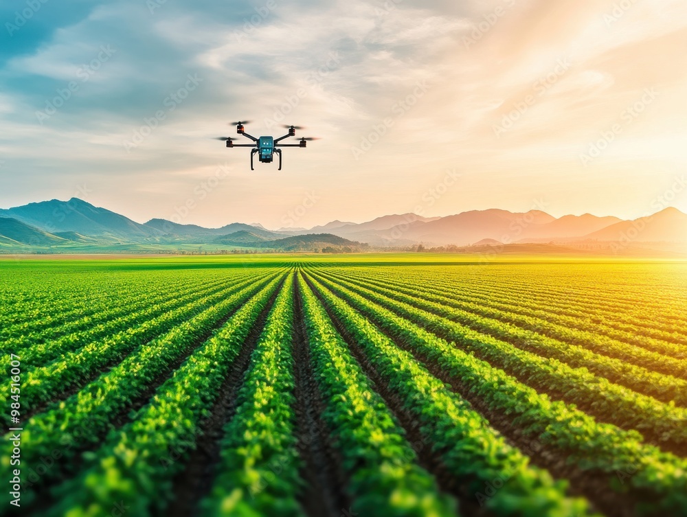 A drone flying over lush green crop fields under a vibrant sunset, showcasing modern agricultural technology and farming practices. A drone flying over lush green crop fields under a vibrant sunset, showcasing modern agricultural technology and farming practices.