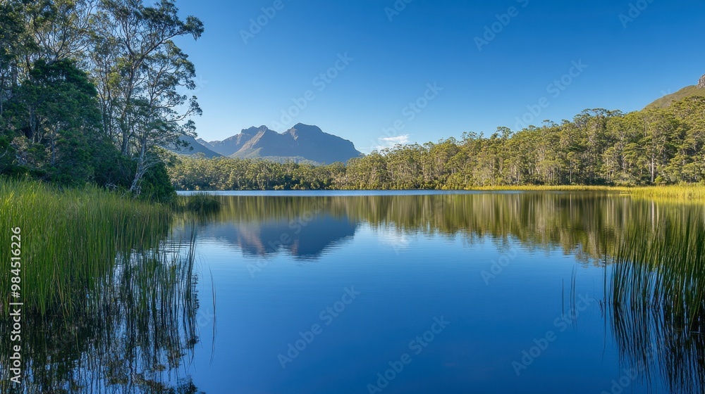 The calm waters of a hidden lake in Ackmon National Park, reflecting the surrounding trees and distant mountain range. The calm waters of a hidden lake in Ackmon National Park, reflecting the surrounding trees and distant mountain range.