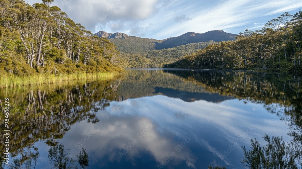 The calm waters of a hidden lake in Ackmon National Park, reflecting the surrounding trees and distant mountain range. The calm waters of a hidden lake in Ackmon National Park, reflecting the surrounding trees and distant mountain range.