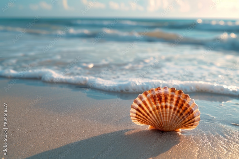 Seashell reflecting on the beach at sunset with ocean waves Seashell reflecting on the beach at sunset with ocean waves