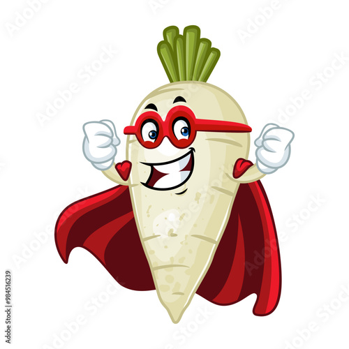 A cartoon daikon radish superhero wearing a cape and mask, promoting healthy eating.