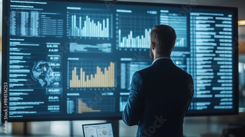 A businessman analyzes data on a digital screen displaying graphs and statistics in a modern office environment.