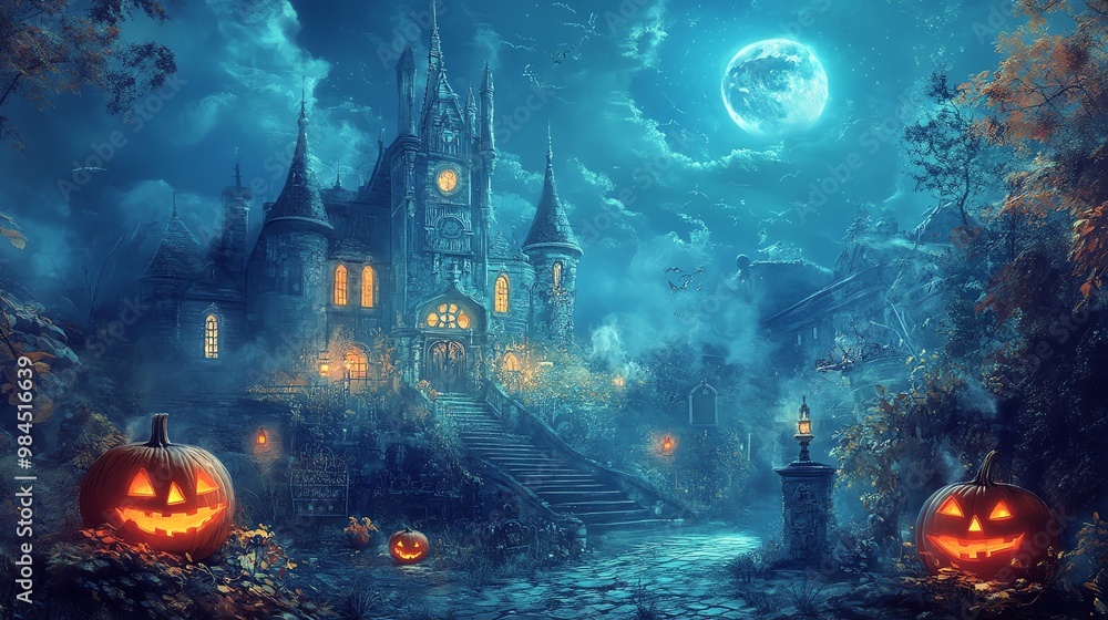 A spooky Halloween scene featuring a haunted castle under a full moon, surrounded by glowing pumpkins and an eerie atmosphere. A spooky Halloween scene featuring a haunted castle under a full moon, surrounded by glowing pumpkins and an eerie atmosphere.