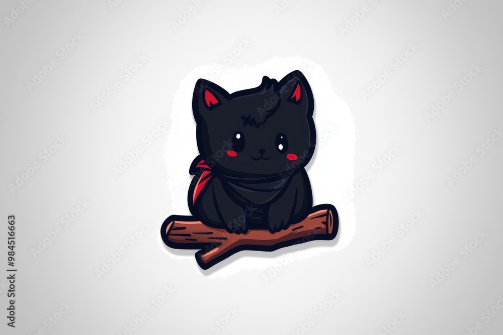Cute Black Cat Sitting on a Branch with a Red Bandana Cute Black Cat Sitting on a Branch with a Red Bandana