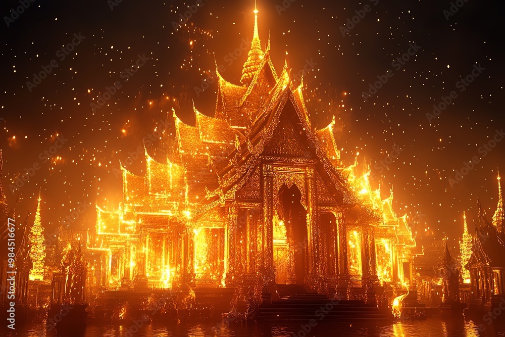 A stunning depiction of a temple engulfed in vivid flames, creating a mesmerizing display of light and color against the night sky. A stunning depiction of a temple engulfed in vivid flames, creating a mesmerizing display of light and color against the night sky.