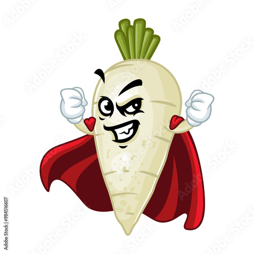 A cartoon radish superhero wearing a red cape with a menacing grin, fists clenched, exuding confidence.