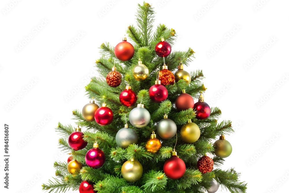 Close-up of decorated christmas tree with ornaments on transparent background Close-up of decorated christmas tree with ornaments on transparent background