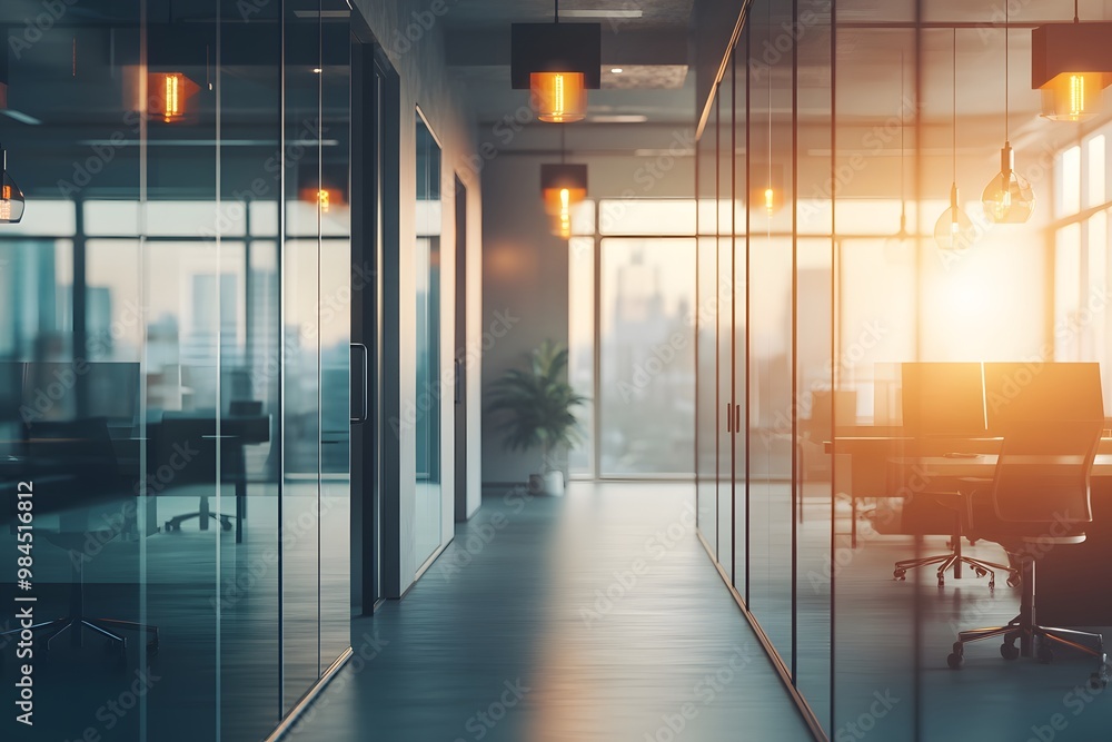 Modern Office Interior with Glass Walls and City View Modern Office Interior with Glass Walls and City View