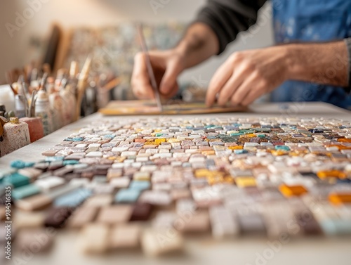 A close-up of hands crafting colorful mosaic pieces on a workspace, showcasing creativity and artistry in the art of mosaic design.