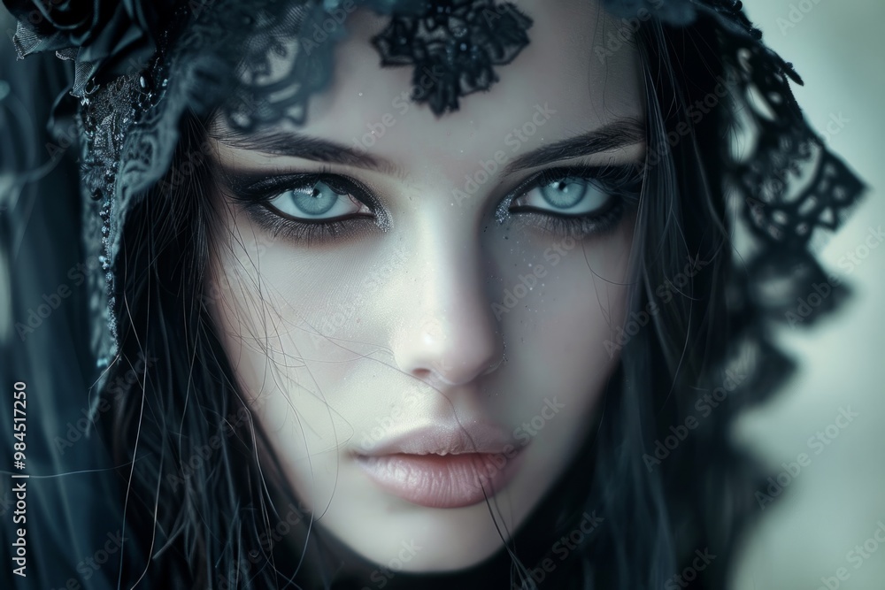 Mysterious woman with dark hair and lace veil Mysterious woman with dark hair and lace veil