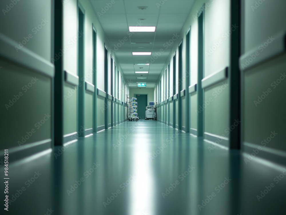 Obraz premium A long hospital corridor showcasing clean lines and modern design, evoking a sense of calm and professionalism.